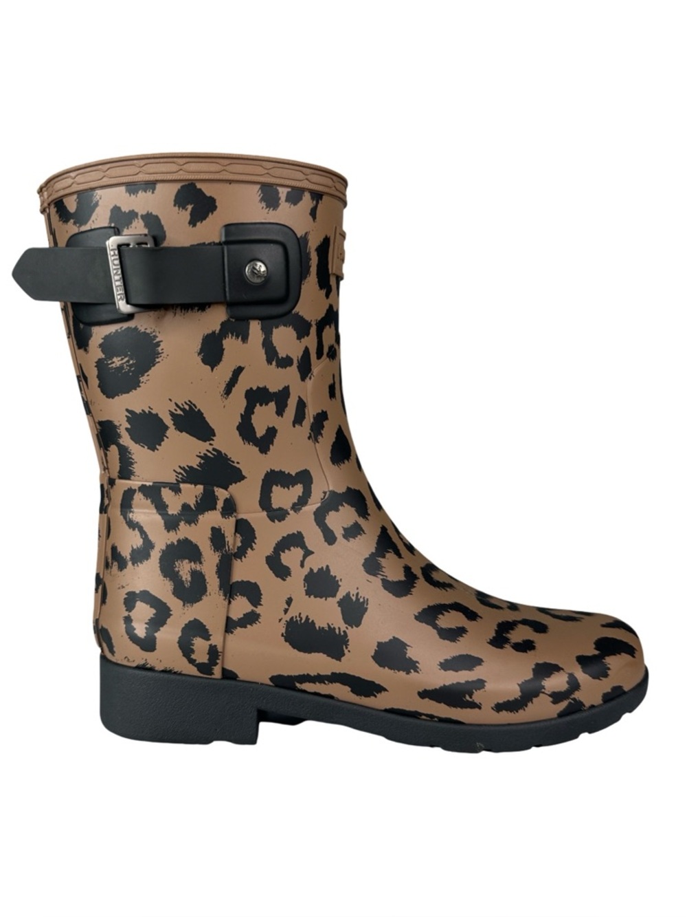 NEW!! HUNTER Women's Black and Tan Leopard print Rain Boots sz 6